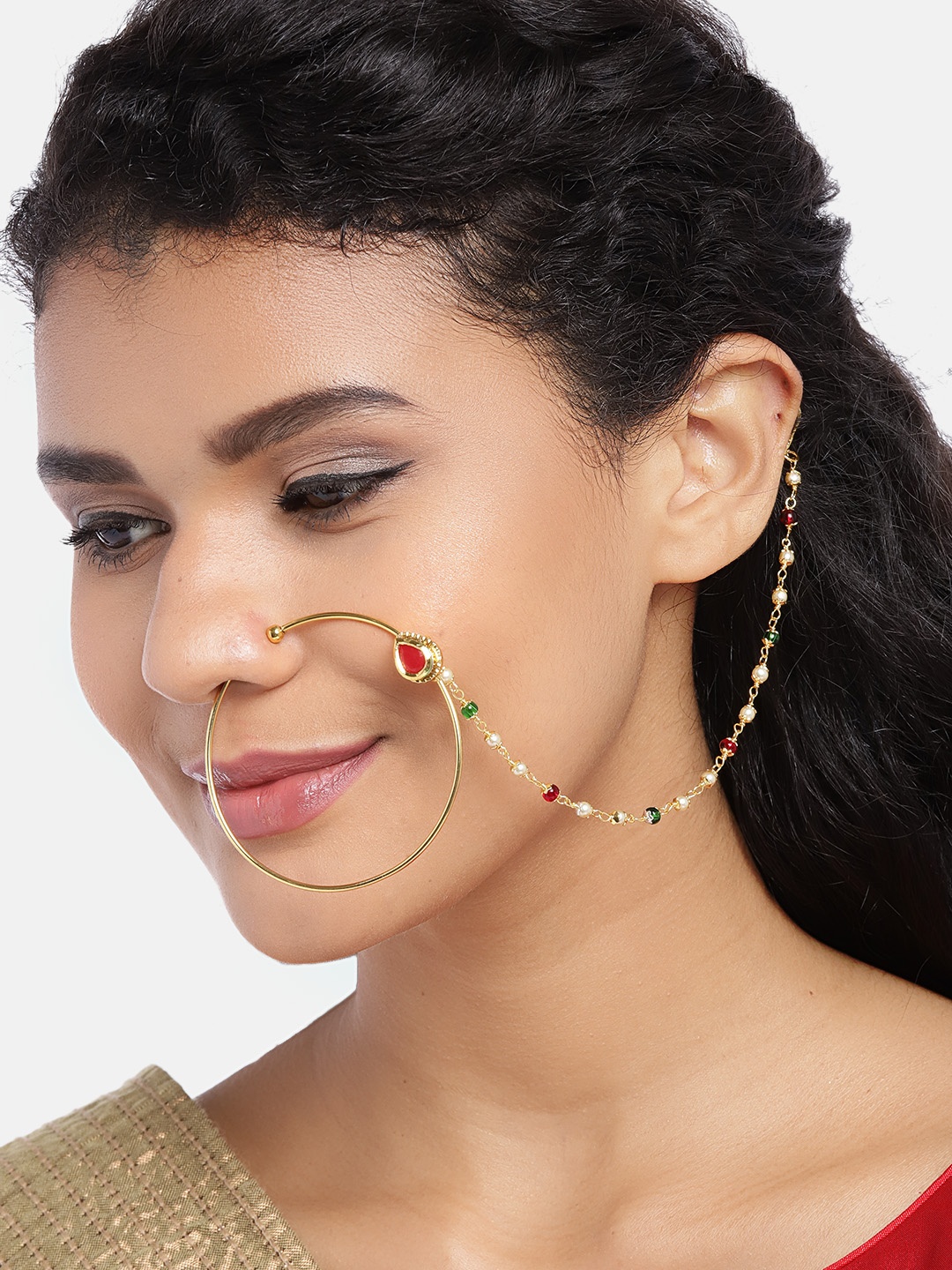 JEWELS GEHNA Red & Green Gold-Plated CZ-Studded & Beaded Handcrafted Chained Nose Ring
JEWELS GEHNA Red & Green Gold-Plated CZ-Studded & Beaded Handcrafted Chained Nose Ring