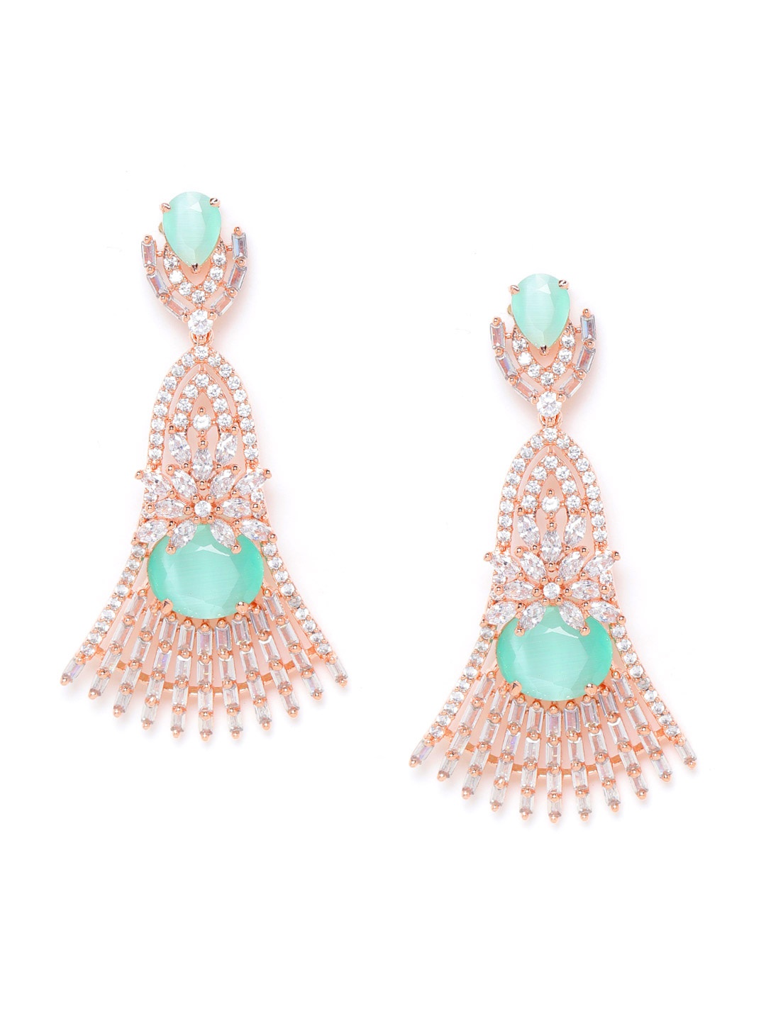 JEWELS GEHNA Sea Green Rose Gold-Plated AD-Studded Handcrafted Contemporary Drop Earrings
JEWELS GEHNA Sea Green Rose Gold-Plated AD-Studded Handcrafted Contemporary Drop Earrings