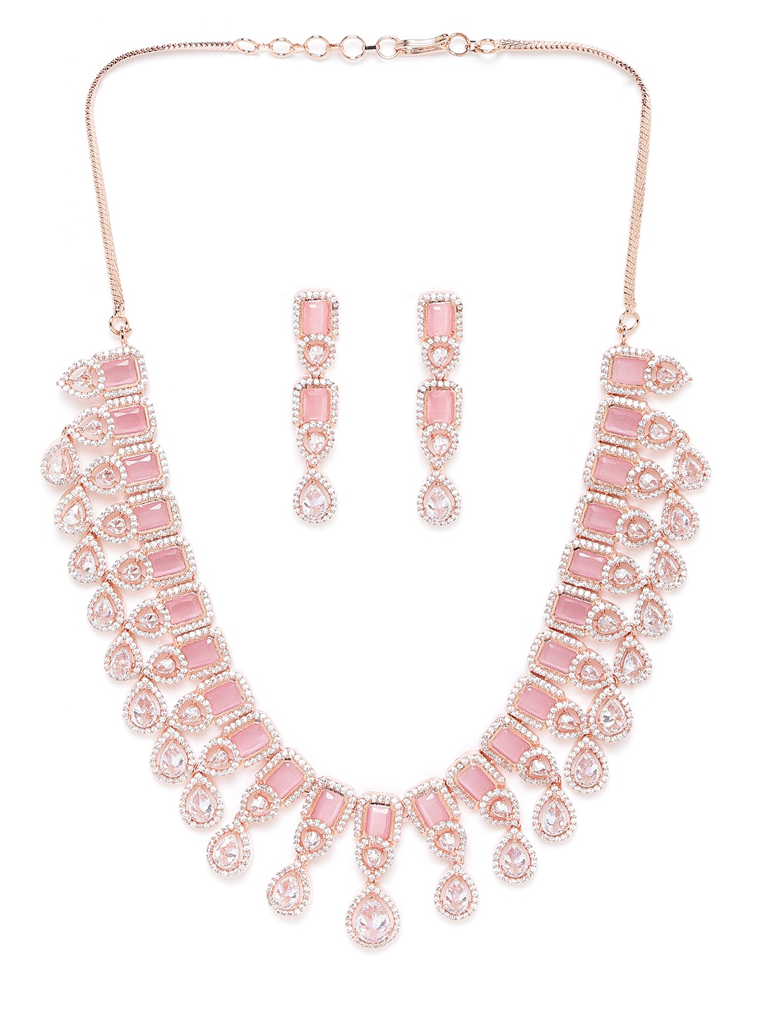 JEWELS GEHNA Pink Rose Gold-Plated American Diamond-Studded Handcrafted Jewellery Set
JEWELS GEHNA Pink Rose Gold-Plated American Diamond-Studded Handcrafted Jewellery Set