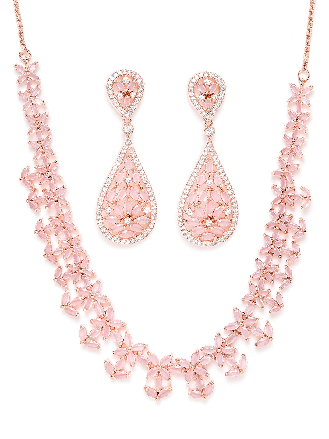JEWELS GEHNA Pink Rose Gold-Plated American Diamond-Studded Handcrafted Jewellery Set
JEWELS GEHNA Pink Rose Gold-Plated American Diamond-Studded Handcrafted Jewellery Set