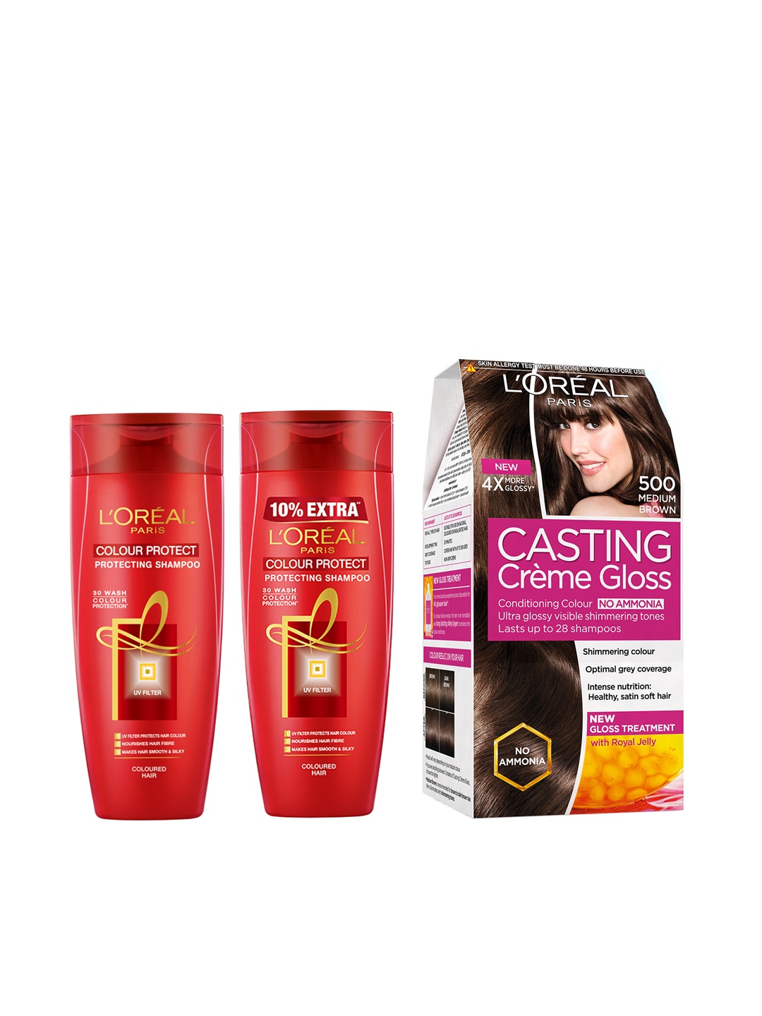 LOreal Paris Set Of 2 Colour Protect Shampoo & Medium Brown 500 Creme Gloss Hair Colour
LOreal Paris Set Of 2 Colour Protect Shampoo & Medium Brown 500 Creme Gloss Hair Colour