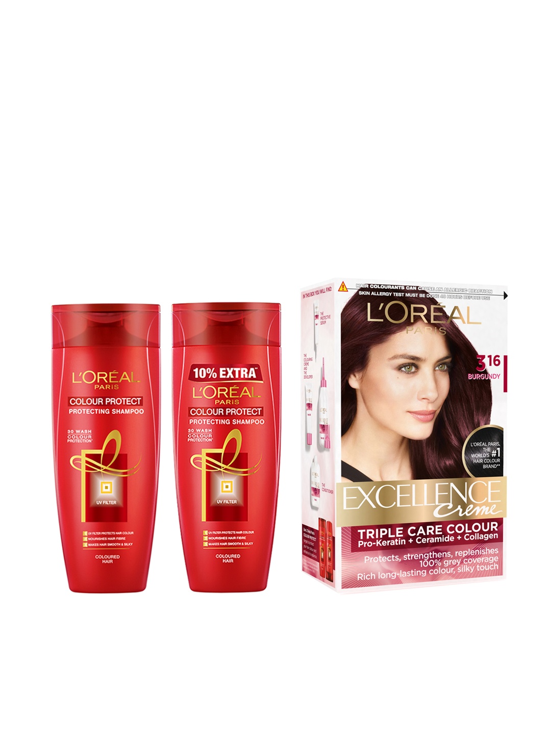 L'Oreal Paris Pack of 2 Colour Protect Shampoo & Excellence Creme Hair Color - Burgundy
L'Oreal Paris Pack of 2 Colour Protect Shampoo & Excellence Creme Hair Color - Burgundy