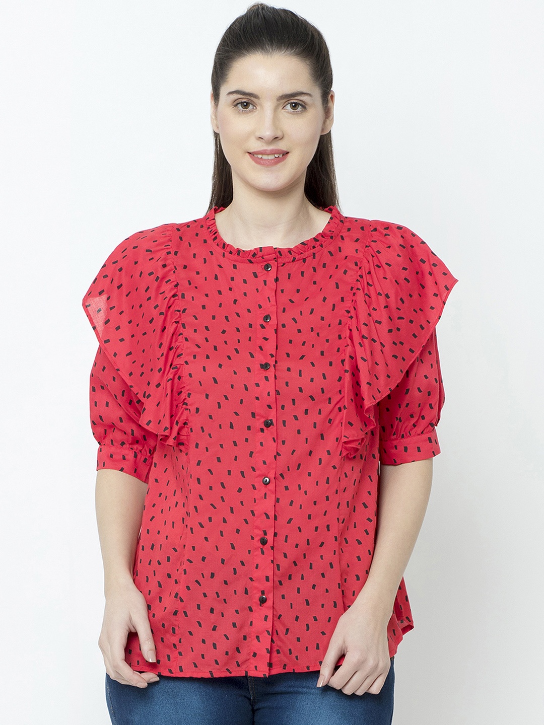 SQew Women Red & Black Ruffled Printed Top