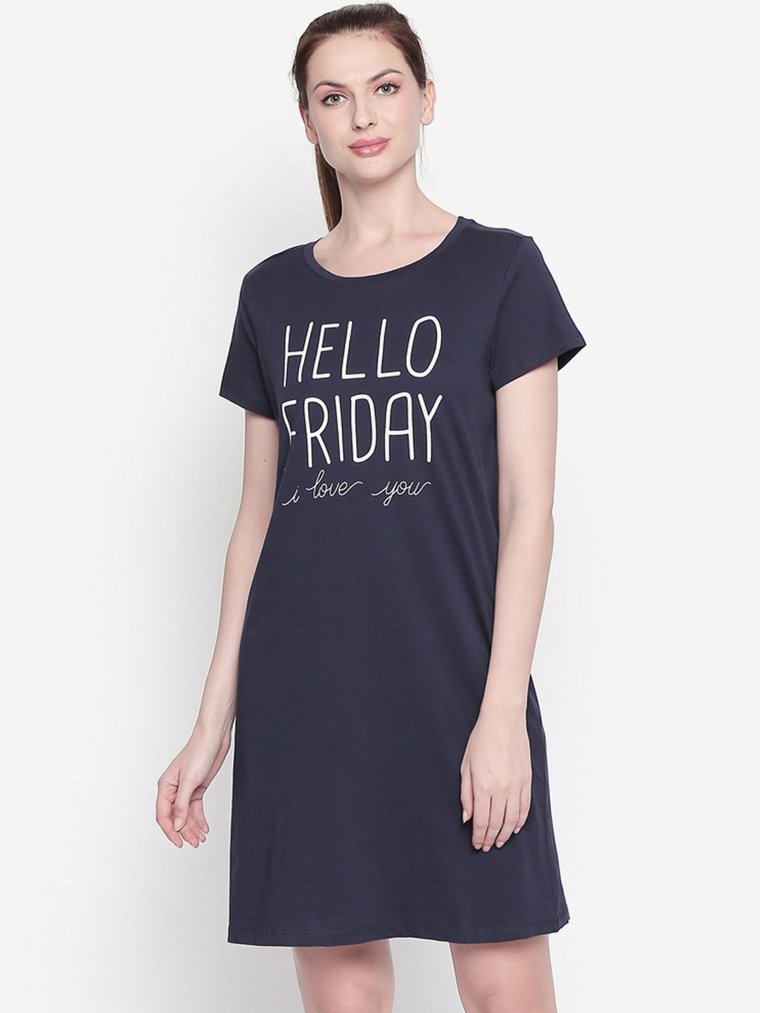 Dreamz by Pantaloons Women Navy Blue & Off-White Typography Print Cotton Sleep Shirt
Dreamz by Pantaloons Women Navy Blue & Off-White Typography Print Cotton Sleep Shirt