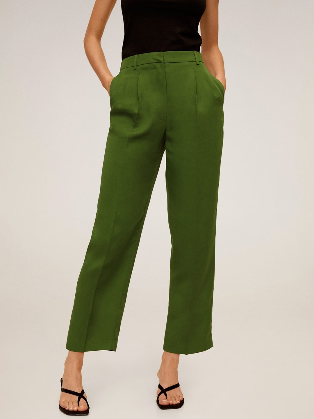 MANGO Women Green Regular Fit Solid Cropped Sustainable Trousers