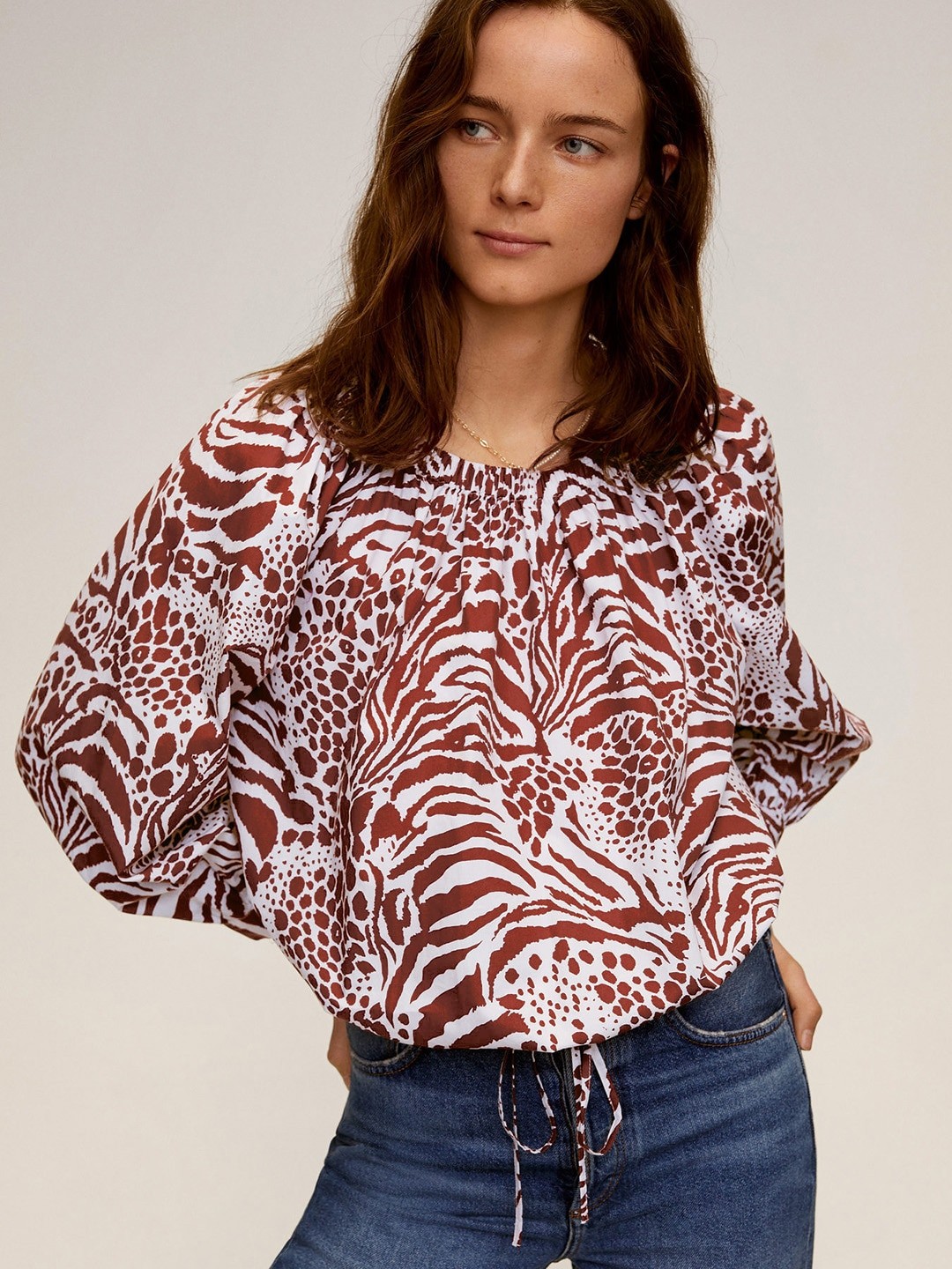 MANGO Women Maroon & White Animal Printed Tie-Up Blouson Sustainable Pure Cotton Top
MANGO Women Maroon & White Animal Printed Tie-Up Blouson Sustainable Pure Cotton Top