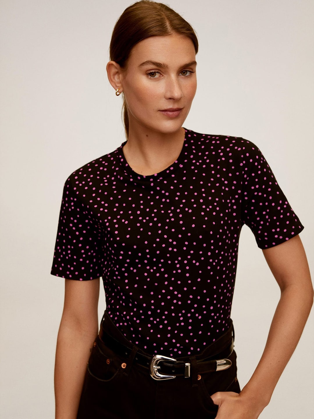MANGO Women Black Pink Polka Dots Printed Round Neck T-Sustainable Shirt
