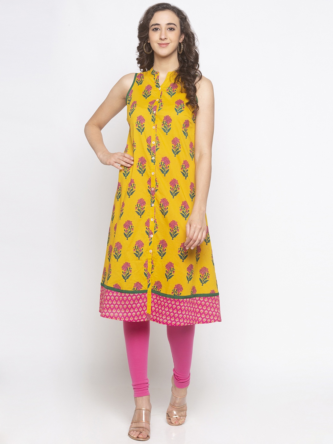 Globus Women Yellow Printed A-Line Kurta