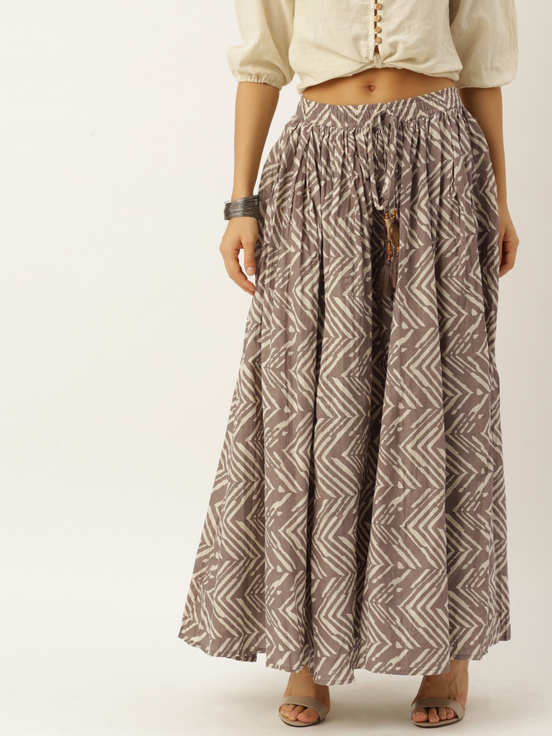 Soch Women Grey Printed Flared Maxi Skirt