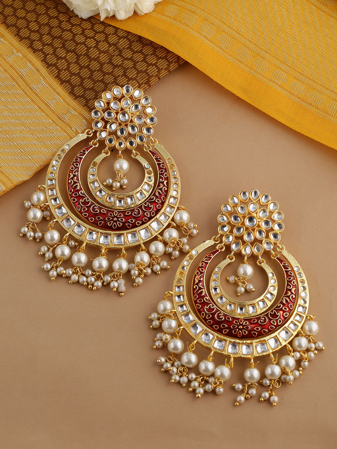Shoshaa Red & Off-White Kundan Studded & Beaded Crescent Shaped Chandbalis, Gold
Shoshaa Red & Off-White Kundan Studded & Beaded Crescent Shaped Chandbalis, Gold