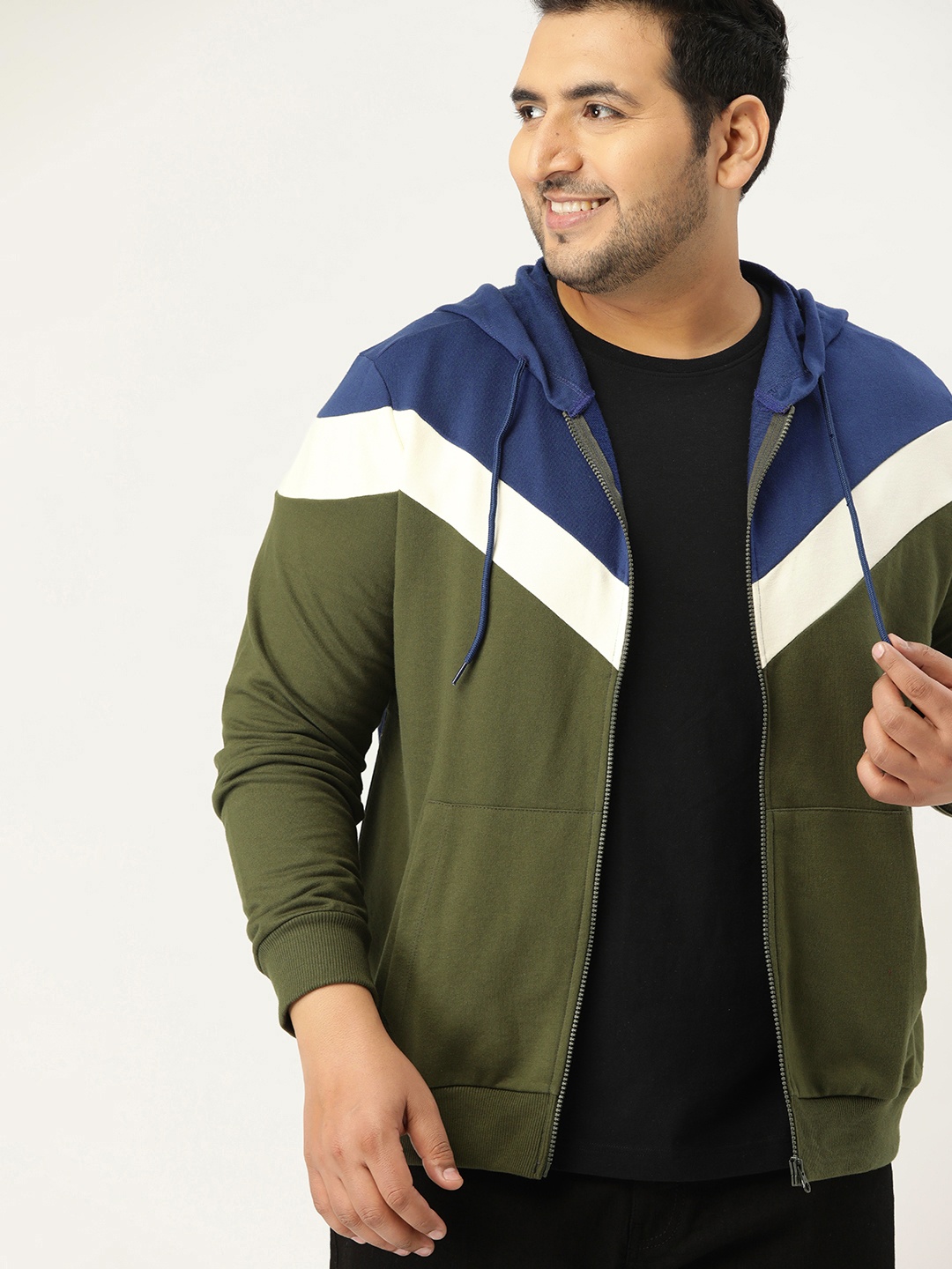 Sztori Men Plus Size Olive Green & Navy Blue Colourblocked Hooded Sweatshirt