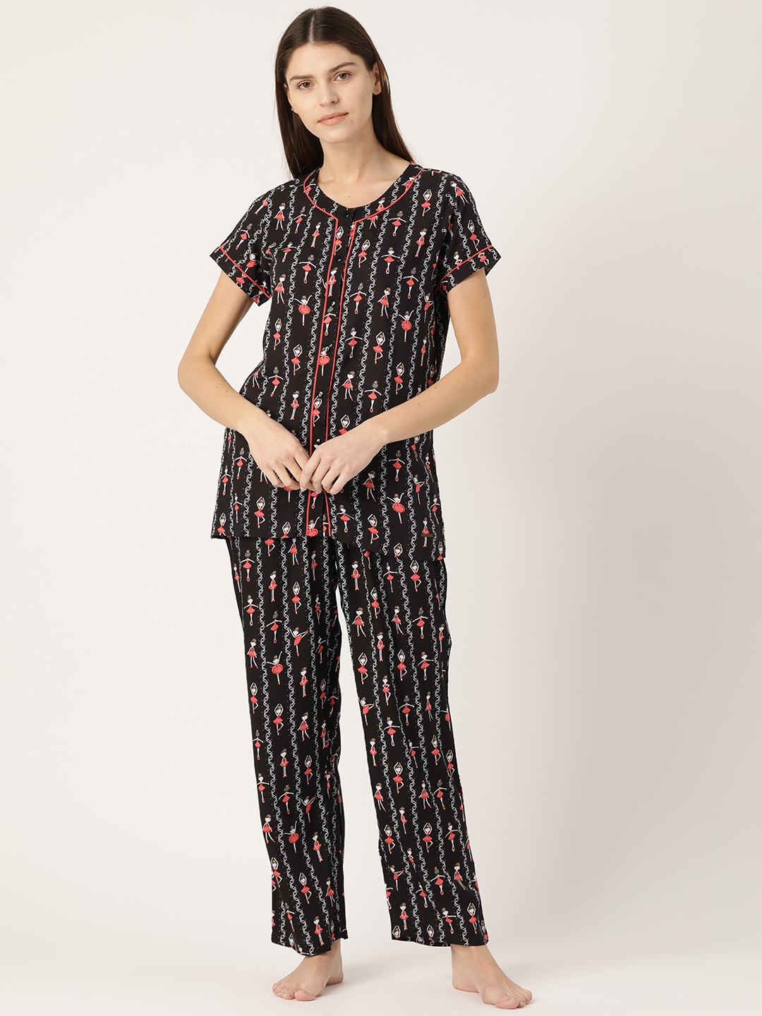 MADAME M SECRET Women Black & Red Printed Night suit