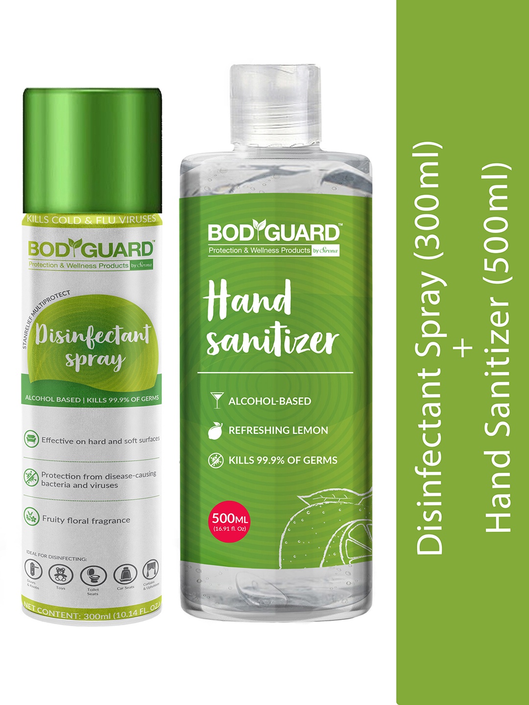 BODY GUARD Set Of Alcohol Based Disinfectant Spray & Refreshing Lemon Hand Sanitizer, Green
BODY GUARD Set Of Alcohol Based Disinfectant Spray & Refreshing Lemon Hand Sanitizer, Green