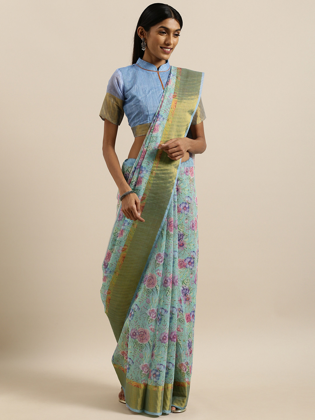 SHAVYA Sea Green & Lavender Pure Linen Floral Printed Saree 
SHAVYA Sea Green & Lavender Pure Linen Floral Printed Saree