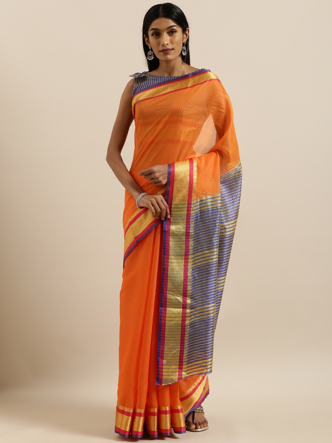 SHAVYA Orange Solid Pure Cotton Saree