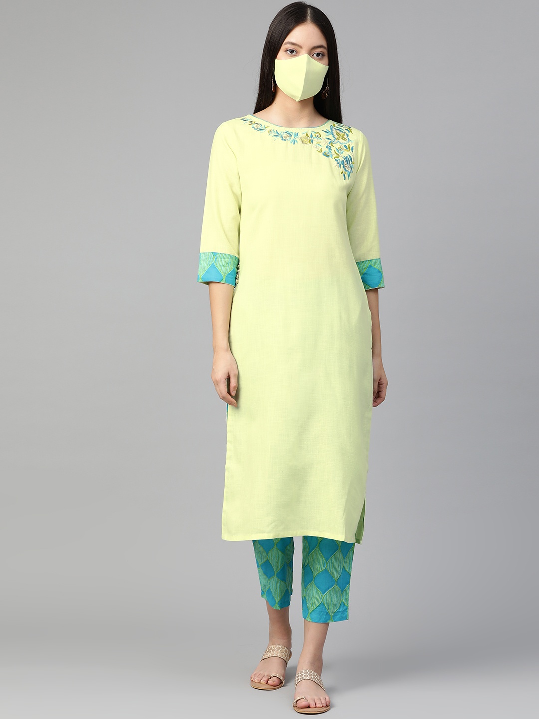 Indo Era Women Green Solid Kurta with Trousers