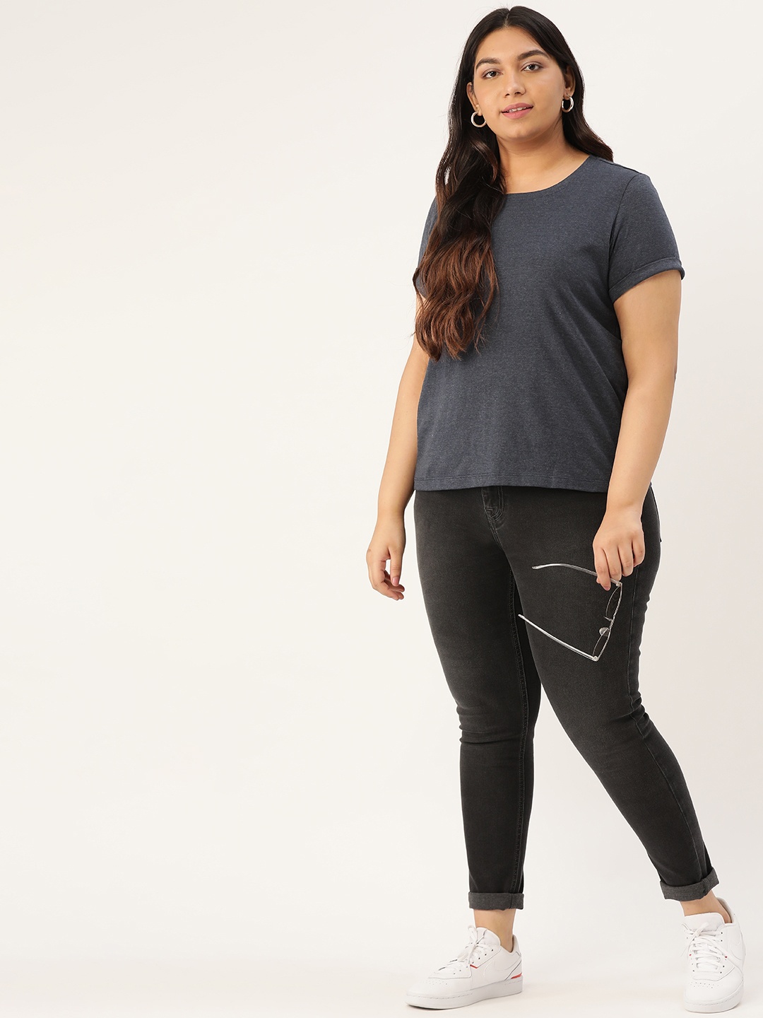Sztori Plus Size Women Navy Blue Solid Round Neck T-shirt