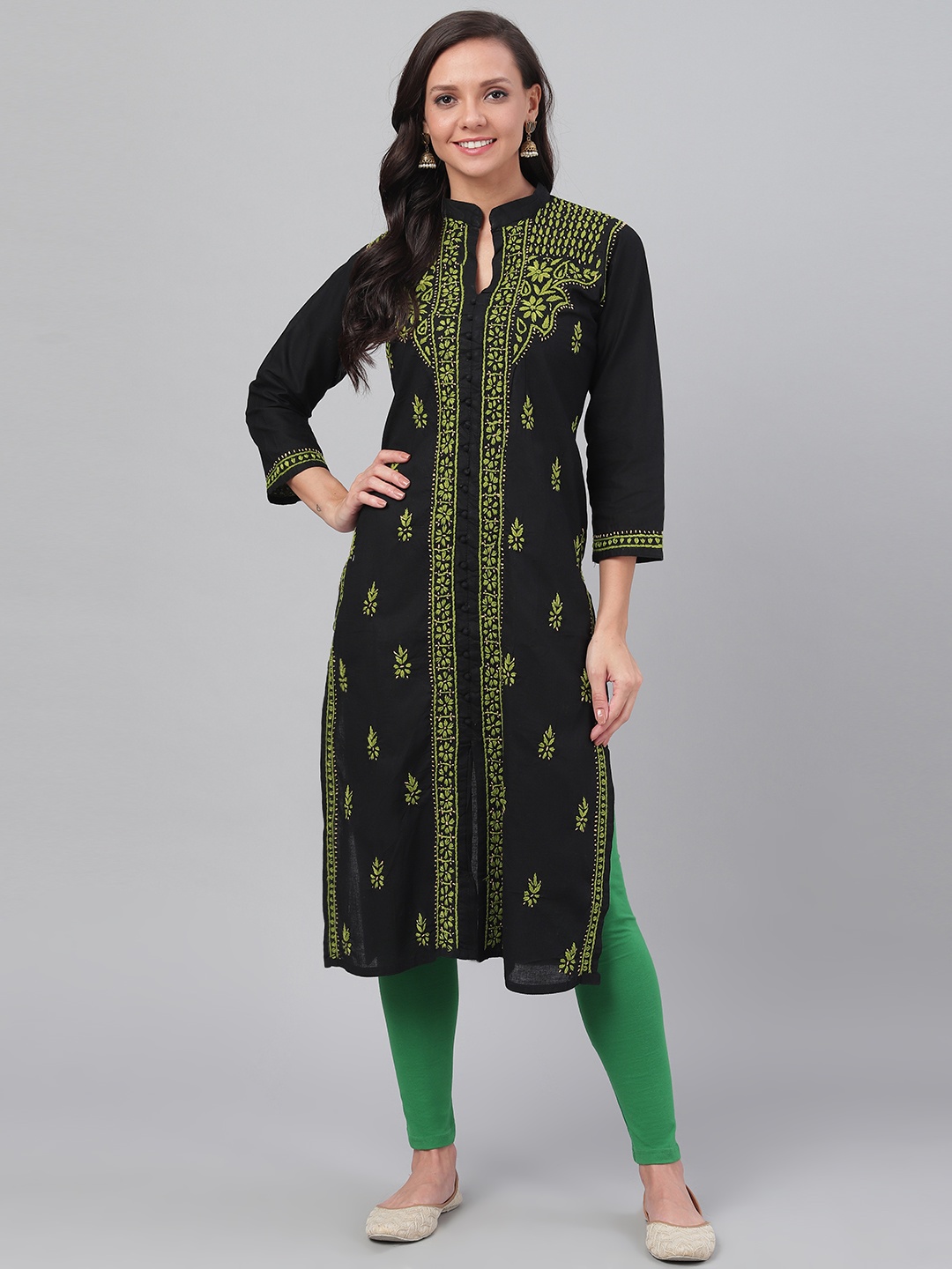 ADA Women Black & Green Chikankari Hand Embroidered Straight Sustainable Handloom Kurta
ADA Women Black & Green Chikankari Hand Embroidered Straight Sustainable Handloom Kurta