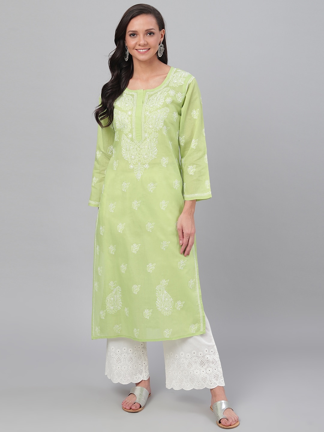 ADA Women Green & White Chikankari Hand Embroidered Straight Sustainable Handloom Kurta
ADA Women Green & White Chikankari Hand Embroidered Straight Sustainable Handloom Kurta