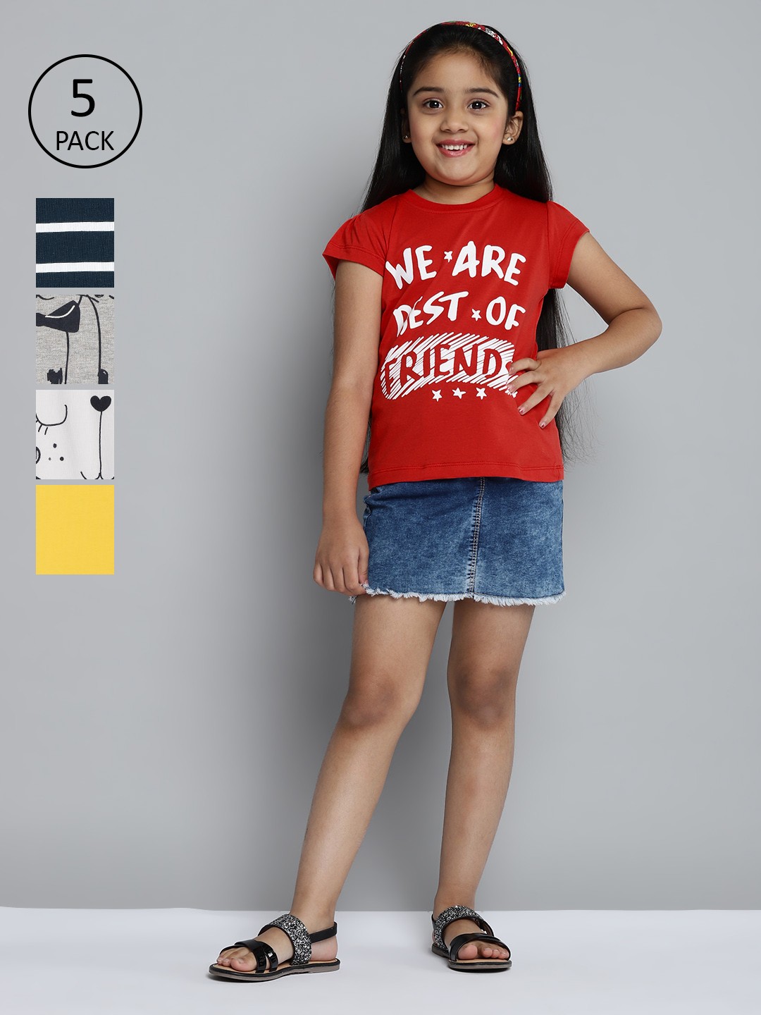 YK Basics Girls Pack of 5 Round Neck Pure Cotton T-shirts, Multi