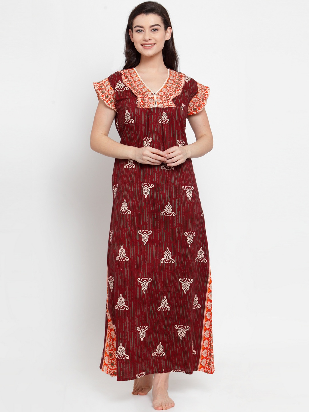 Secret Wish Maroon & Orange Printed Nightdress