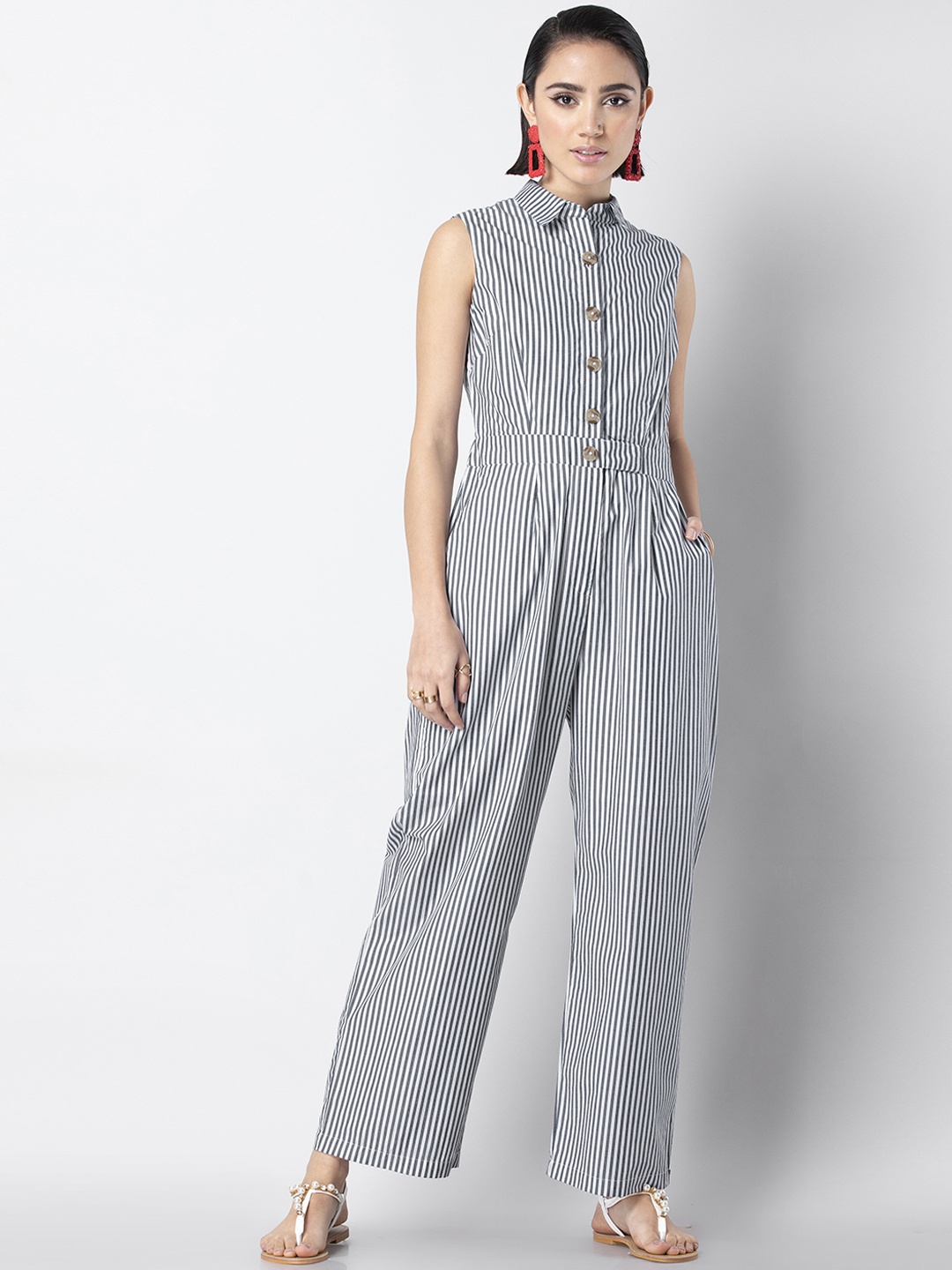 FabAlley Women Grey & White Striped Jumpsuit
