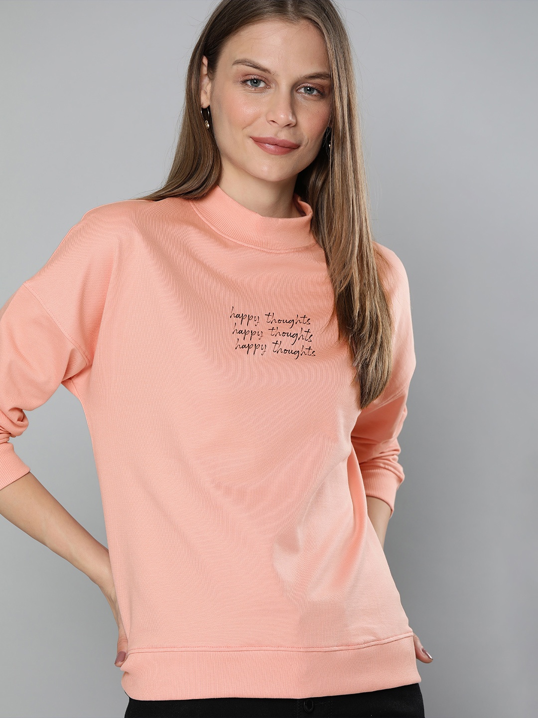 Mast & Harbour Women Peach-Coloured Solid Boxy Pullover Sweatshirt with Printed Detail
Mast & Harbour Women Peach-Coloured Solid Boxy Pullover Sweatshirt with Printed Detail