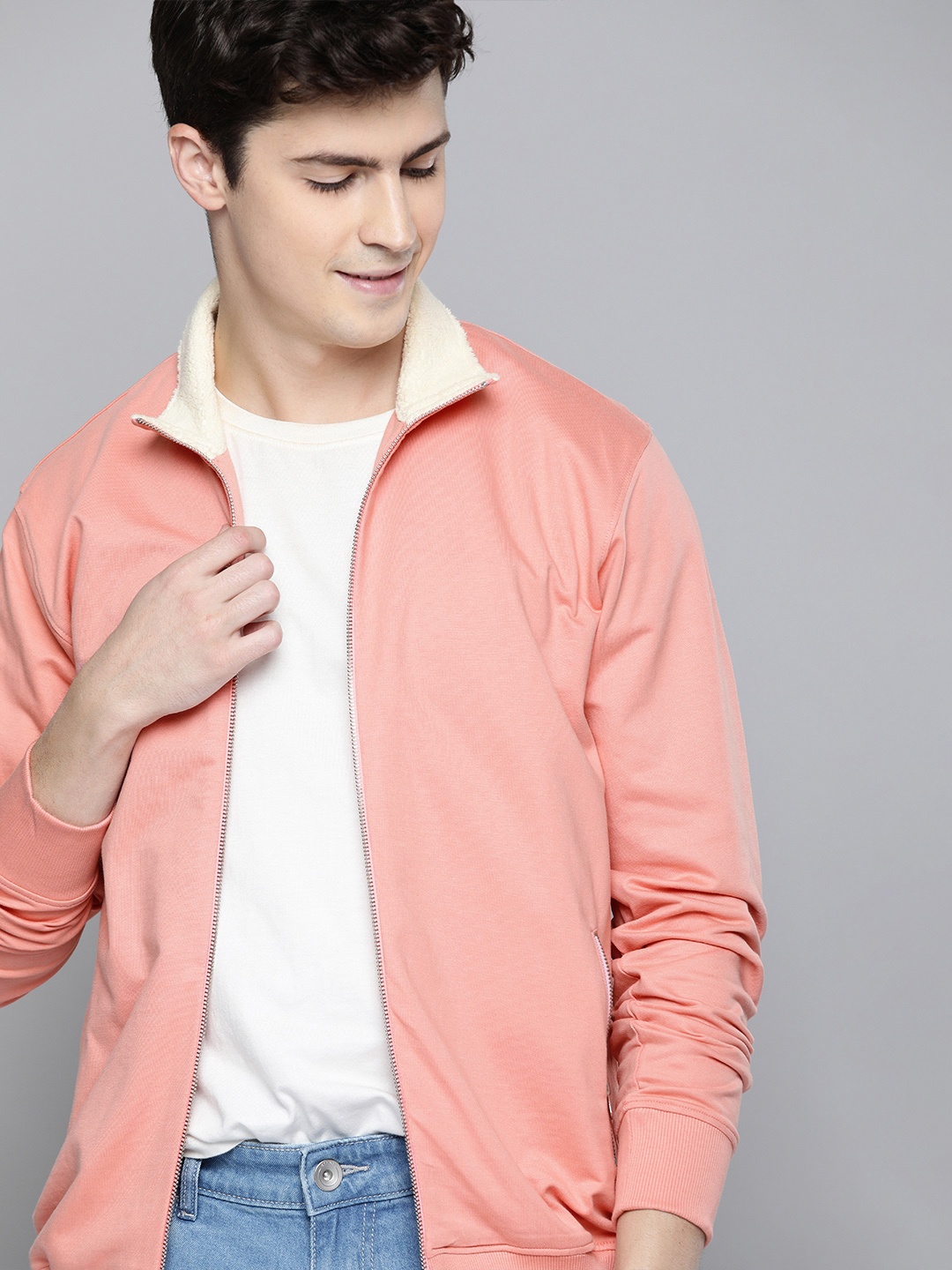 Mast & Harbour Men Peach-Coloured Solid Sweatshirt