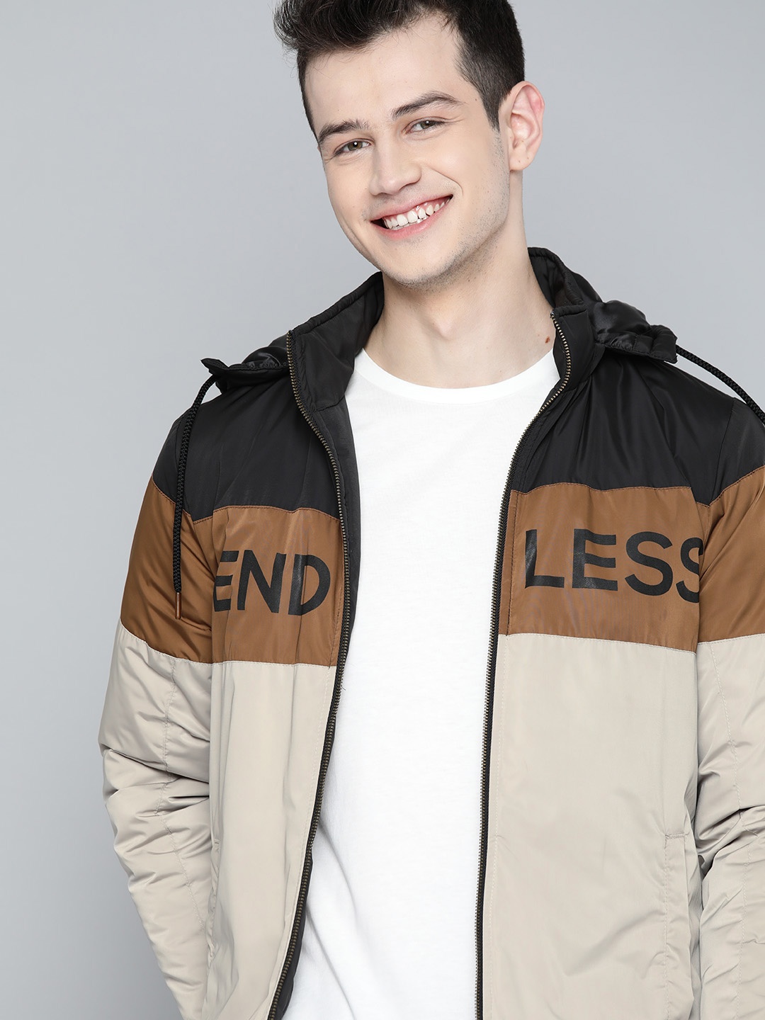 Mast & Harbour Men Beige & Black Colourblocked Hooded Padded Jacket with Printed Detail
Mast & Harbour Men Beige & Black Colourblocked Hooded Padded Jacket with Printed Detail
