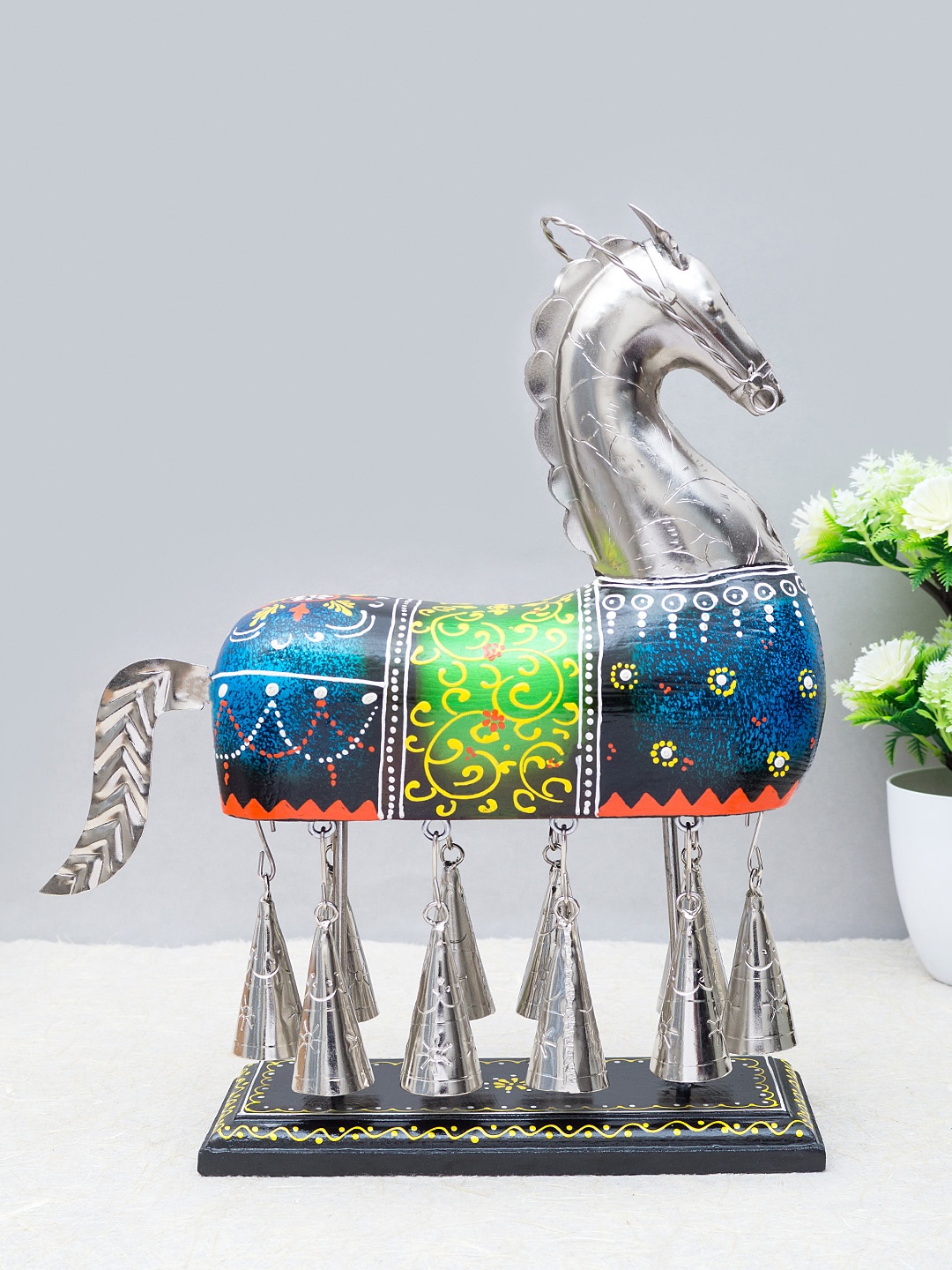 Golden Peacock Navy Blue & Green Handcrafted Wooden & Iron Table Decor Horse With Bell
Golden Peacock Navy Blue & Green Handcrafted Wooden & Iron Table Decor Horse With Bell