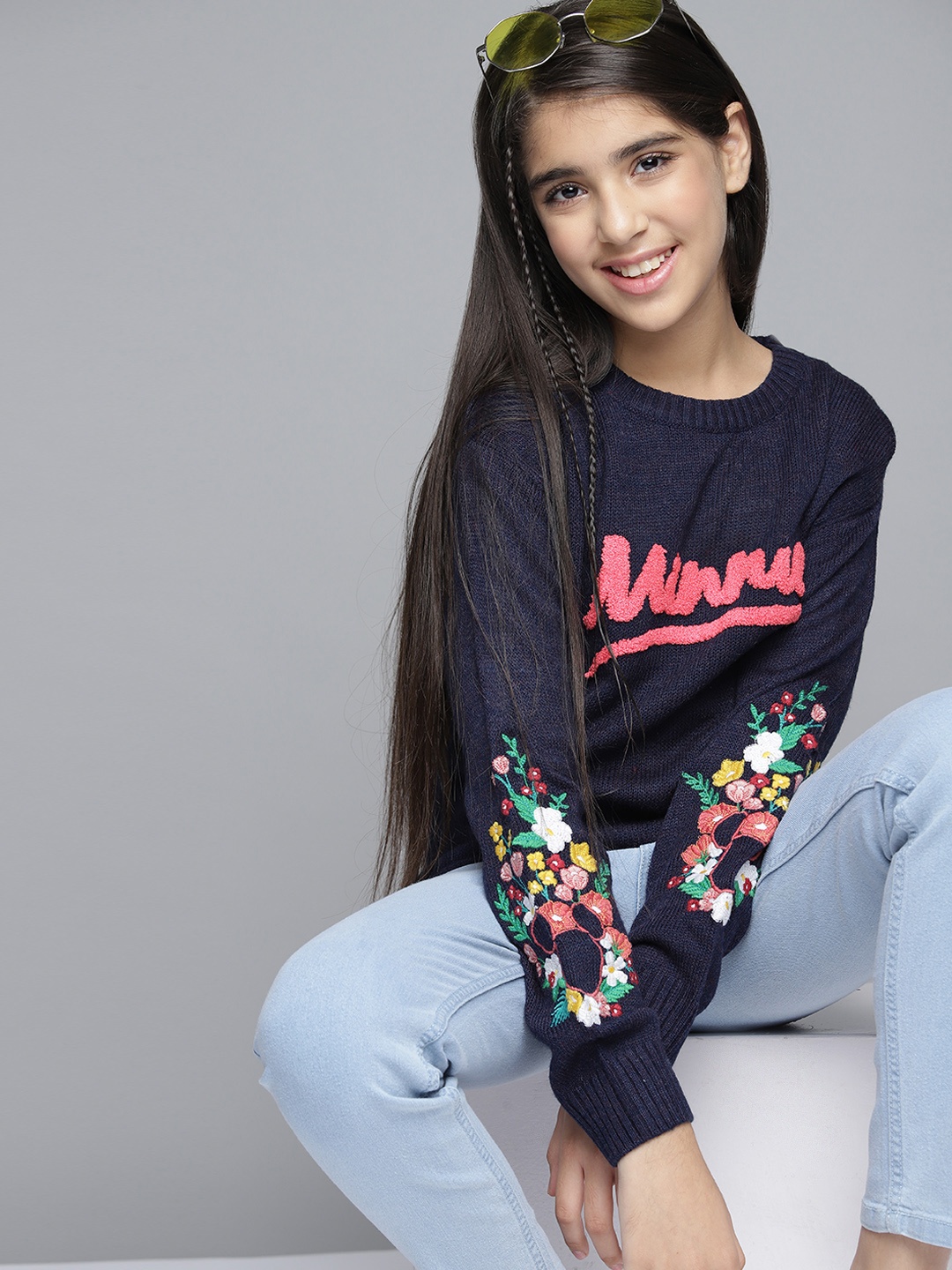YK Disney Girls Navy Blue & Pink Solid Sweater with Typography Applique Detail