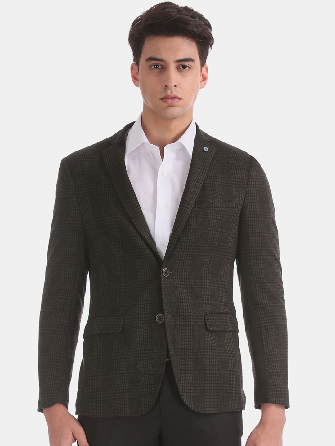 Arrow Men Green Checked Slim-Fit Single-Breasted Formal Blazer