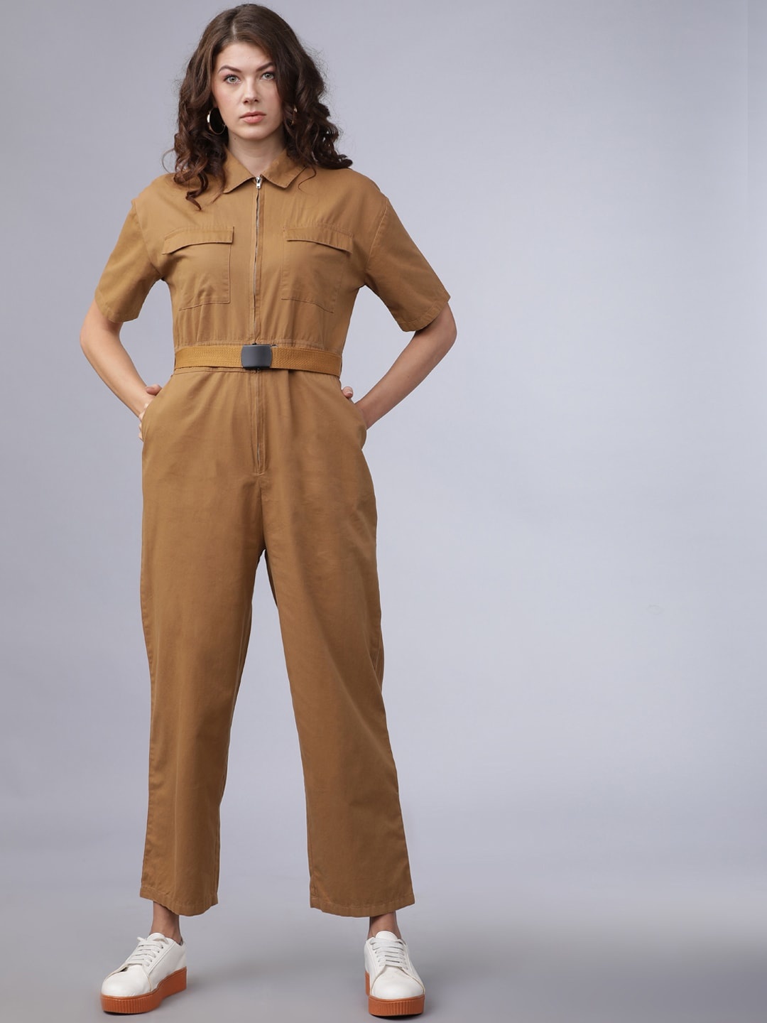 Tokyo Talkies Women Khaki Solid Basic Jumpsuit