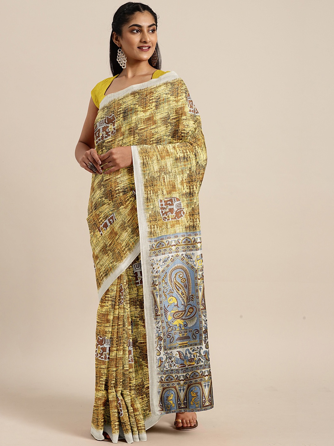 KALINI Beige & Brown Art Silk Printed Khadi Saree