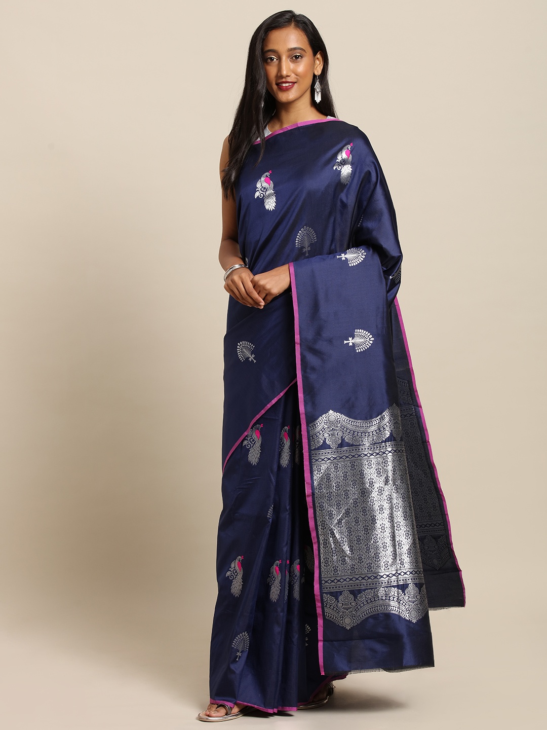 VASTRANAND Navy Blue & Silver-Toned Silk Blend Printed Kanjeevaram Saree