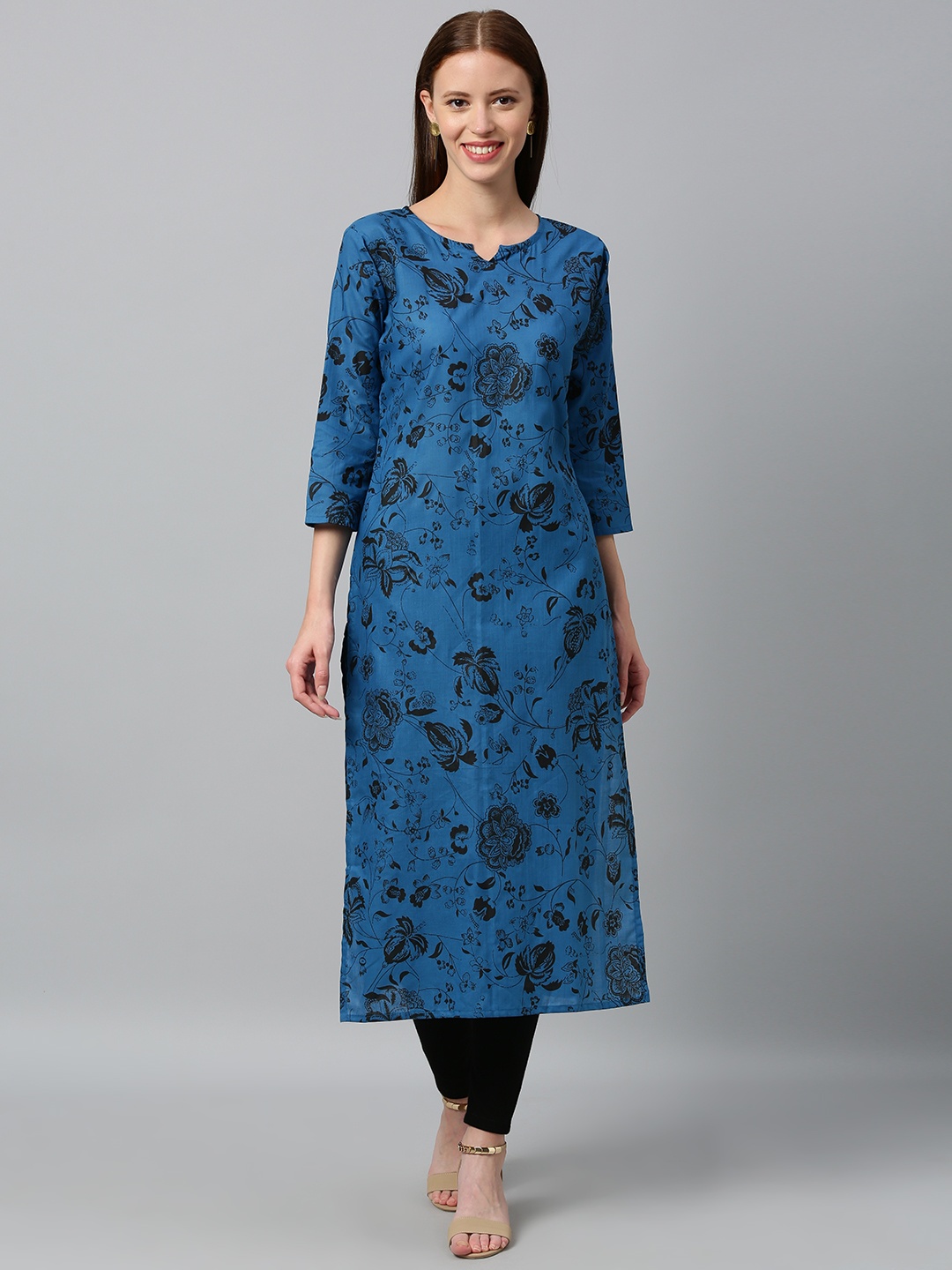 GoSriKi Women Blue & Black Floral Printed Straight Kurta