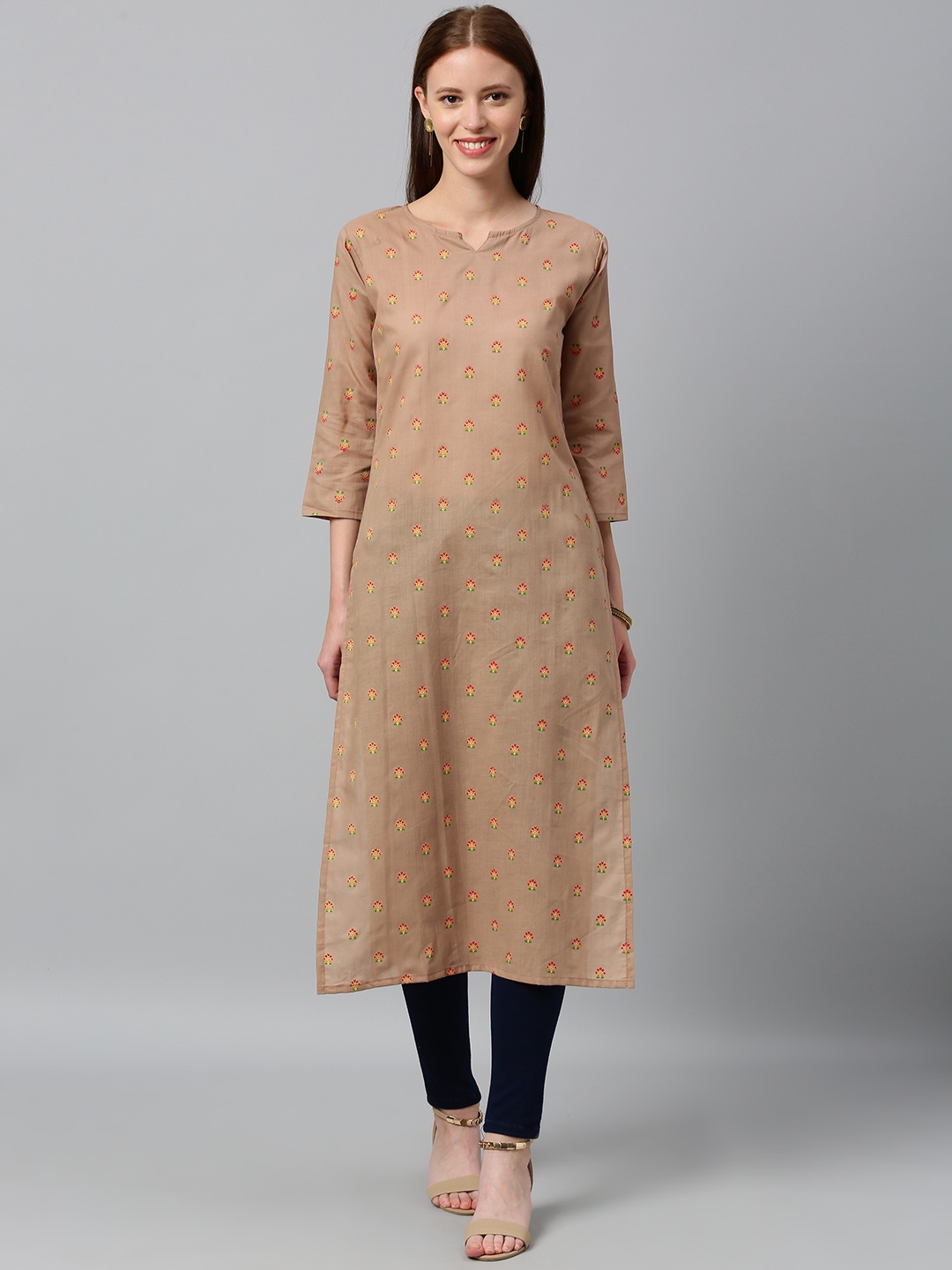 GoSriKi Women Beige Floral Printed Straight Kurta