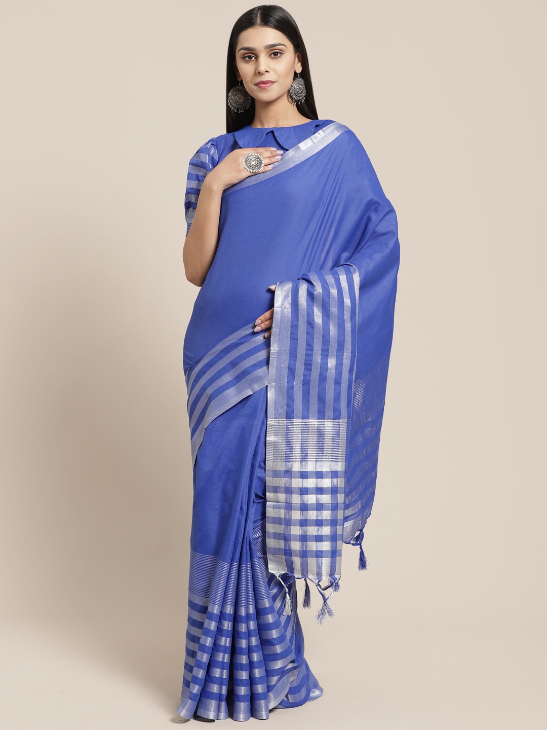 SHAVYA Blue & Silver Solid Pure Cotton Saree