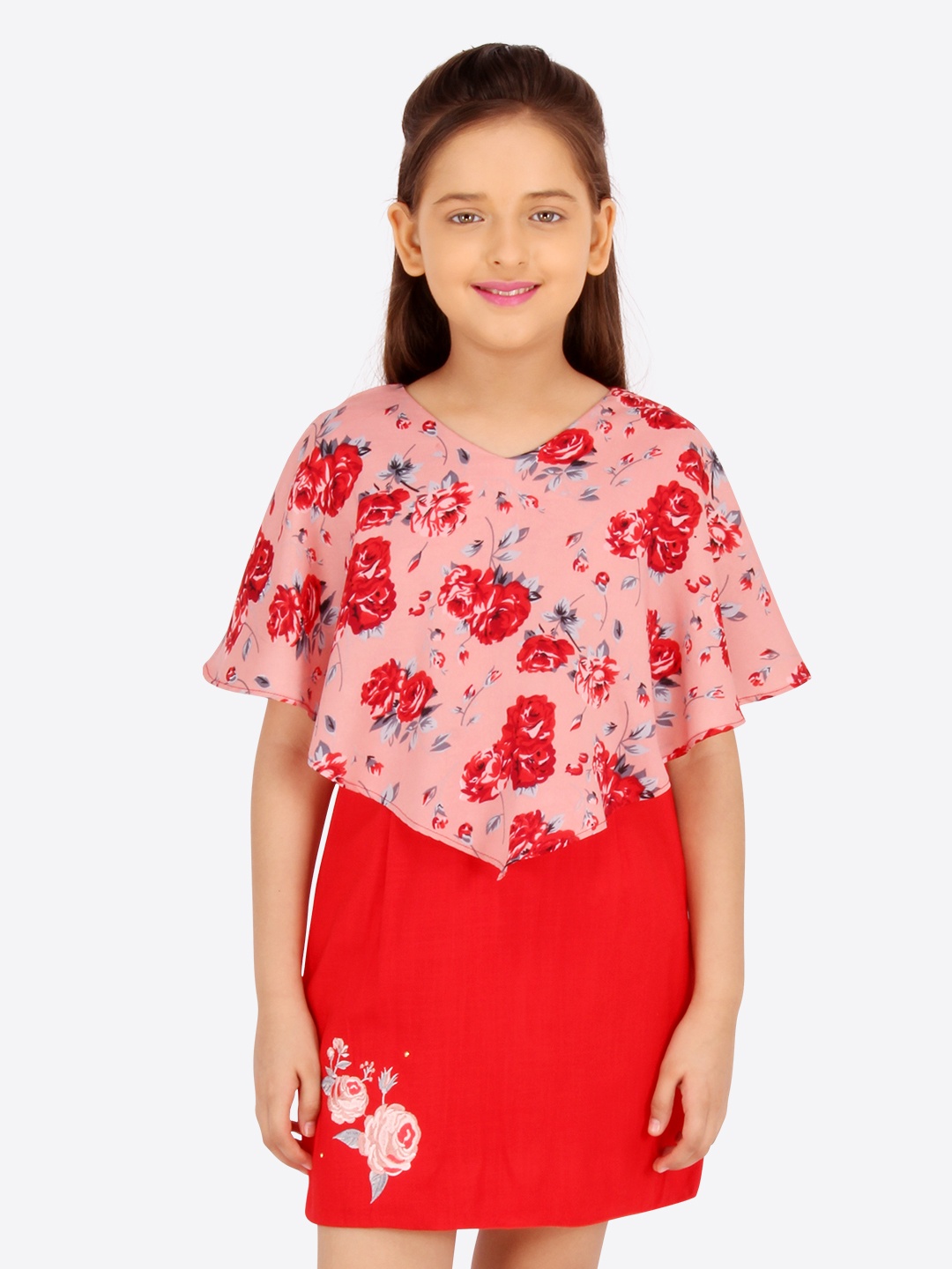 CUTECUMBER Girls Red & Peach-Coloured Printed Bodycon Dress