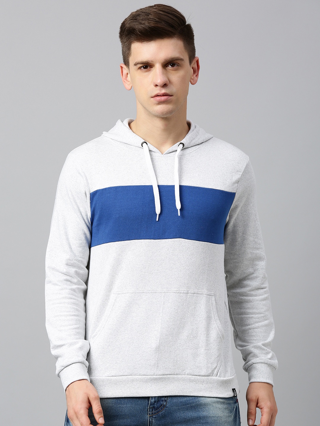 Urbano Fashion Men White & Blue Colourblocked Hooded Sweatshirt