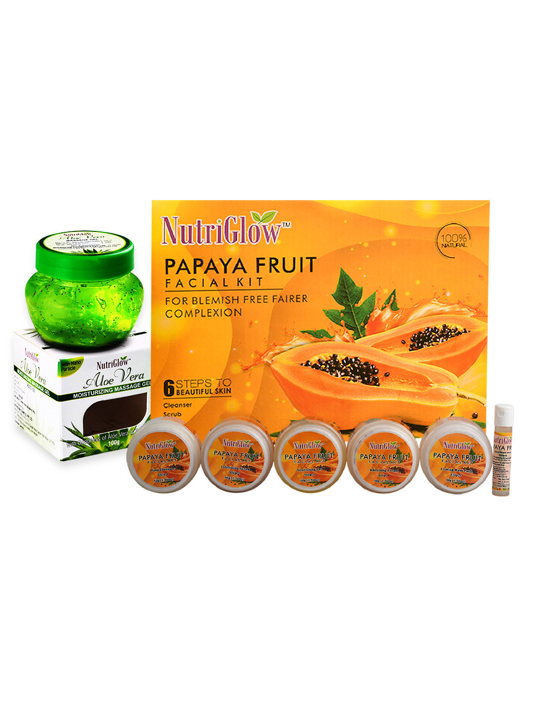 NutriGlow Combo of 2 - Papaya Fruit Facial Kit (250g+10ml) & Aloe Vera Massage Gel 100g, Multi
NutriGlow Combo of 2 - Papaya Fruit Facial Kit (250g+10ml) & Aloe Vera Massage Gel 100g, Multi
