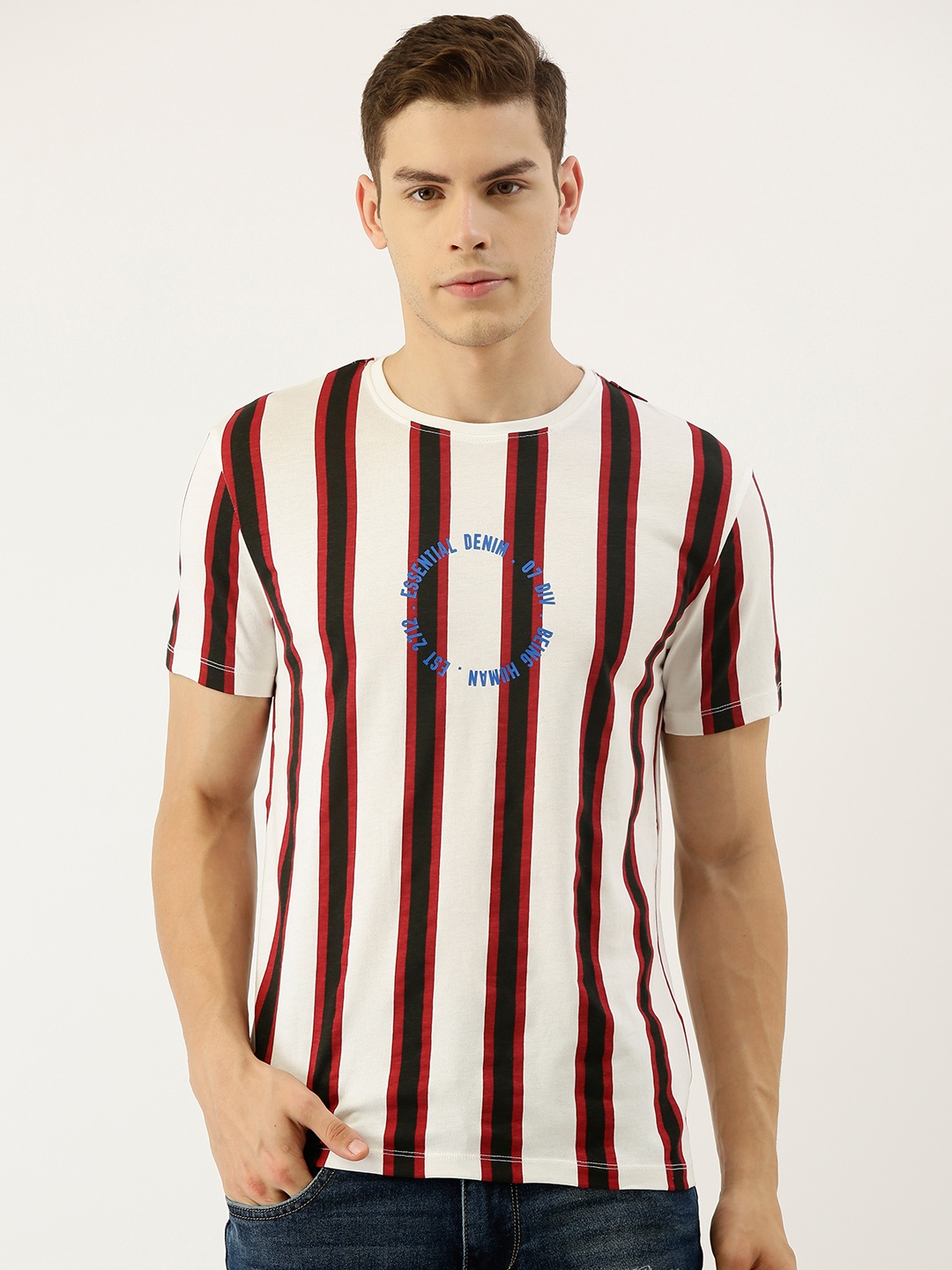 Being Human Men Off-White Black Striped Round Neck Pure Cotton T-shirt With Printed Detailing
Being Human Men Off-White Black Striped Round Neck Pure Cotton T-shirt With Printed Detailing