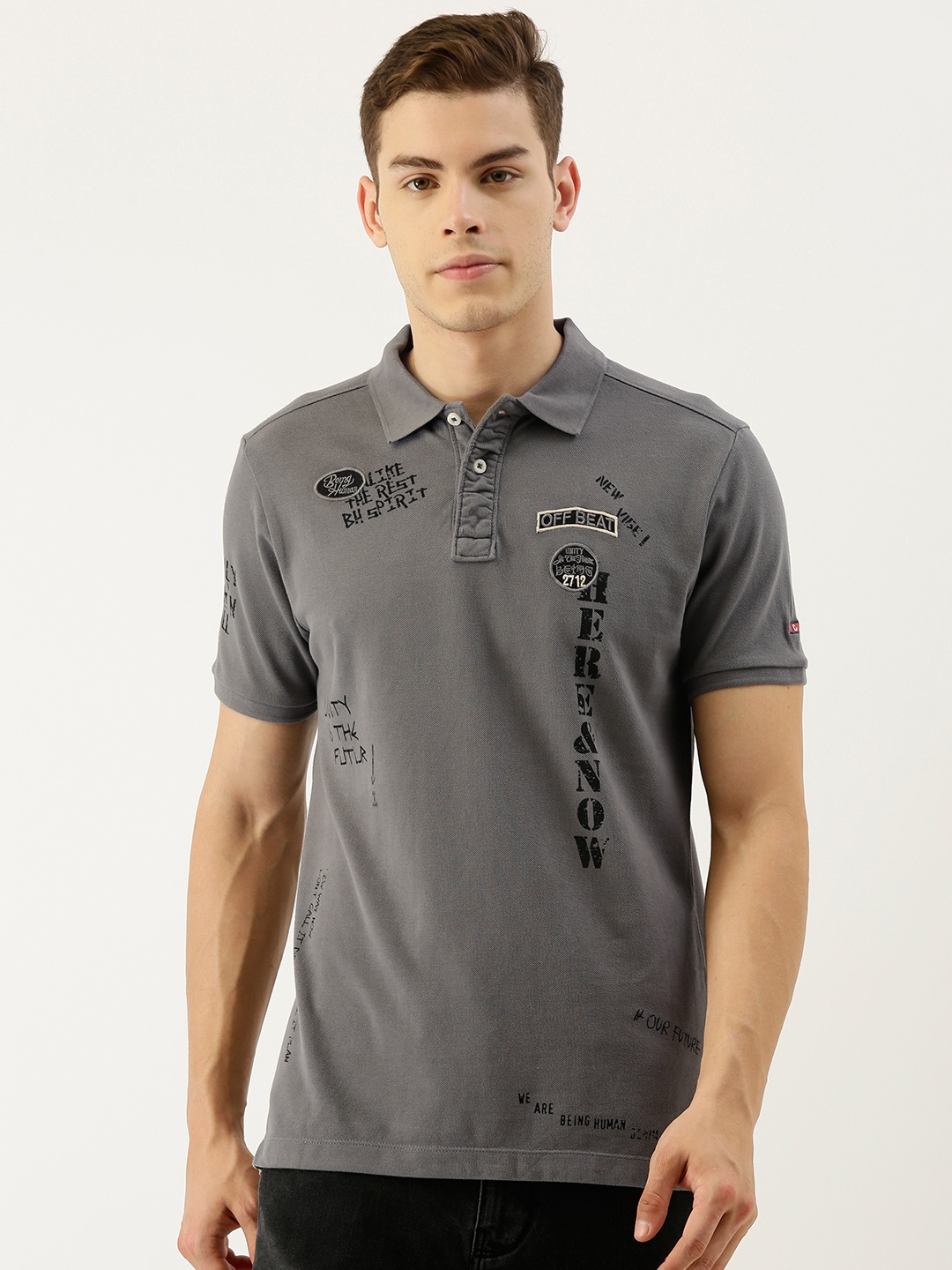 Being Human Clothing Men Grey Printed Polo Collar Pure Cotton T-shirt with Embroidery
Being Human Clothing Men Grey Printed Polo Collar Pure Cotton T-shirt with Embroidery