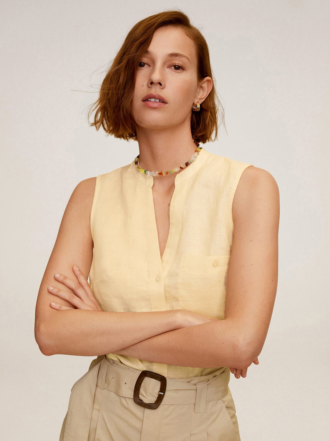 MANGO Women Cream-Colored Solid Regular Fit Casual Linen Shirt