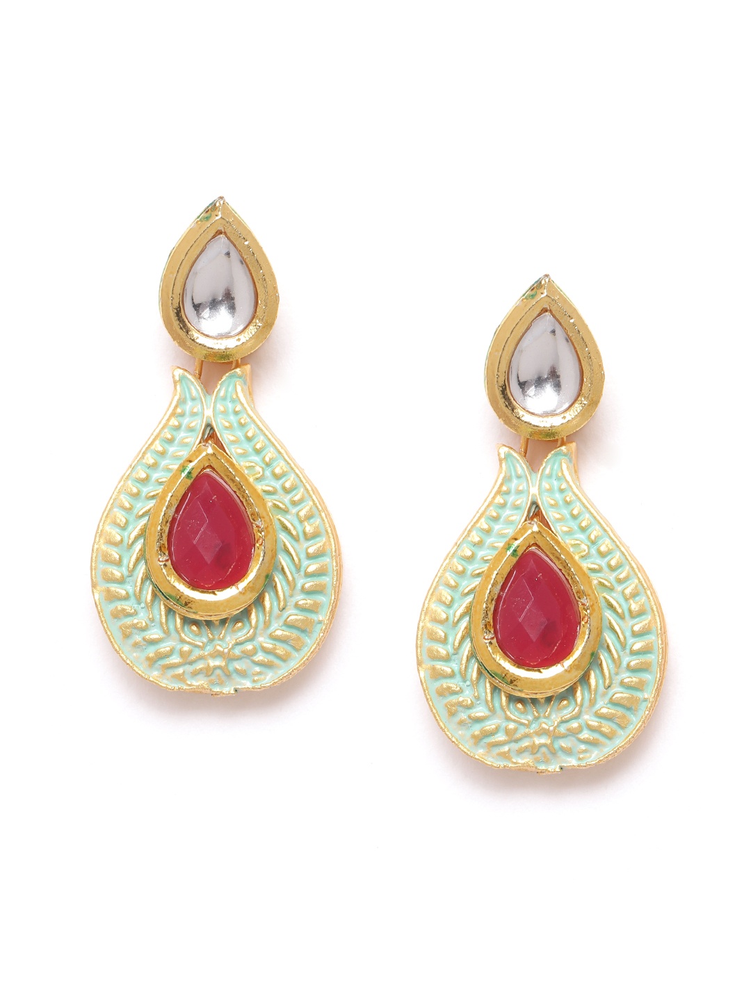 Zaveri Pearls Maroon & Mint Green Gold-Plated Teardrop Shaped Kundan-Studded Drop Earrings
Zaveri Pearls Maroon & Mint Green Gold-Plated Teardrop Shaped Kundan-Studded Drop Earrings