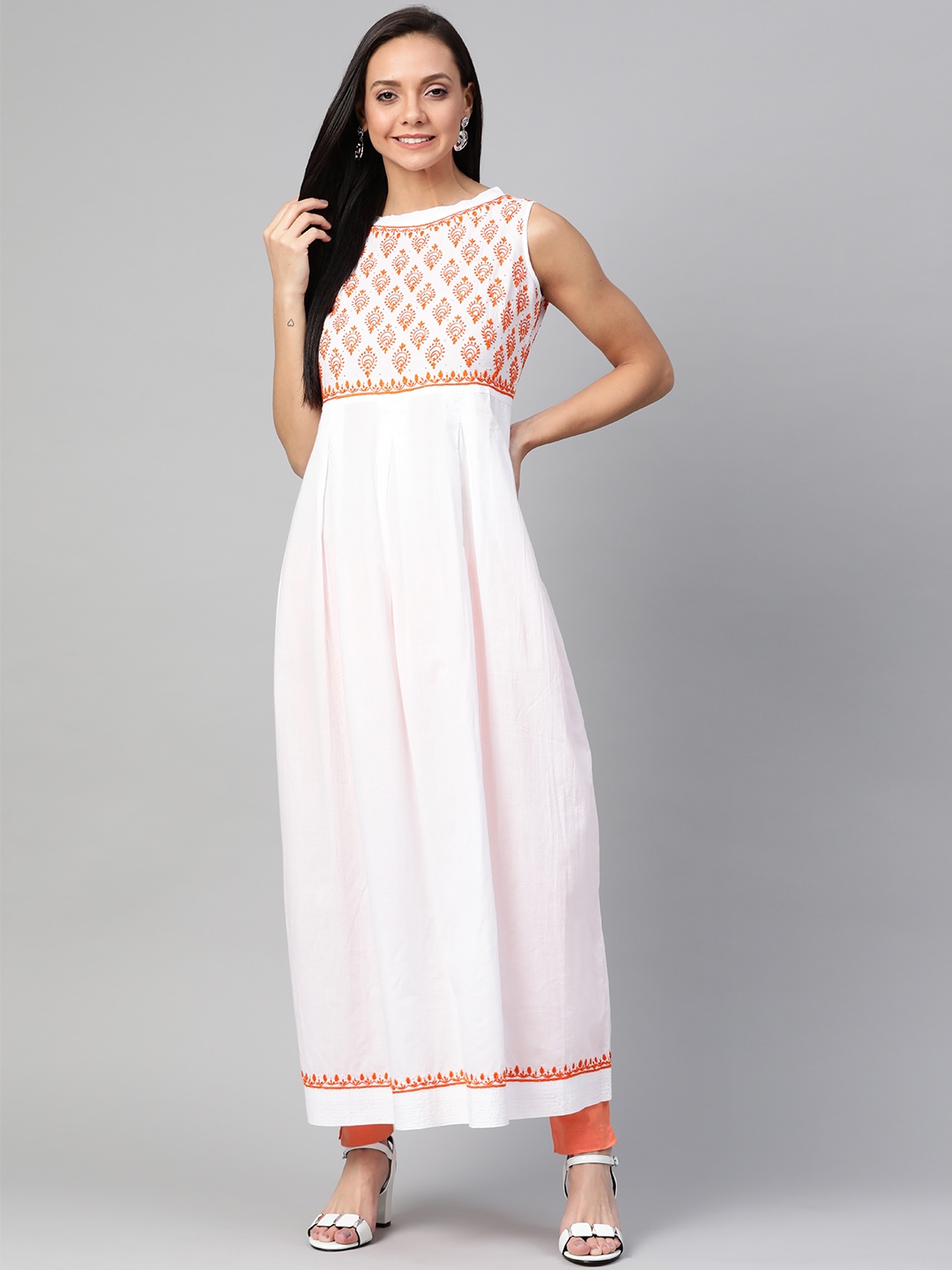 ADA Women White & Orange Yoke Design Chikankari Hand Embroidered Anarkali Sustainable Handloom Kurta
ADA Women White & Orange Yoke Design Chikankari Hand Embroidered Anarkali Sustainable Handloom Kurta