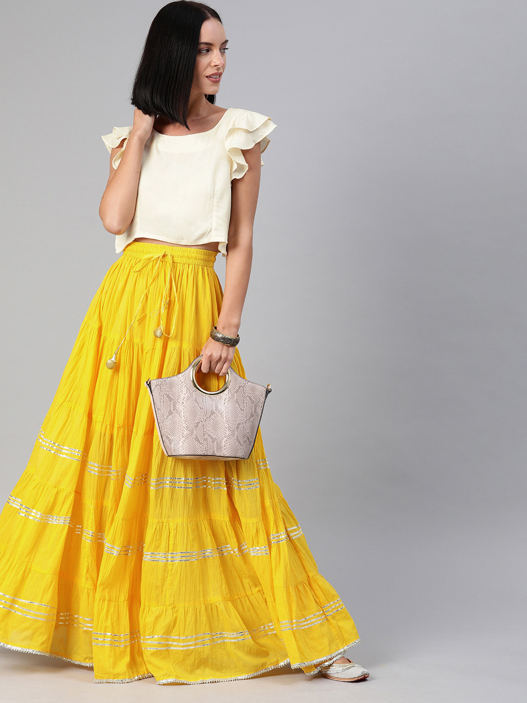 Geroo Jaipur Hand Crafted flared Yellow Pure Cotton Sustainable Skirt with White Crop Top 
Geroo Jaipur Hand Crafted flared Yellow Pure Cotton Sustainable Skirt with White Crop Top