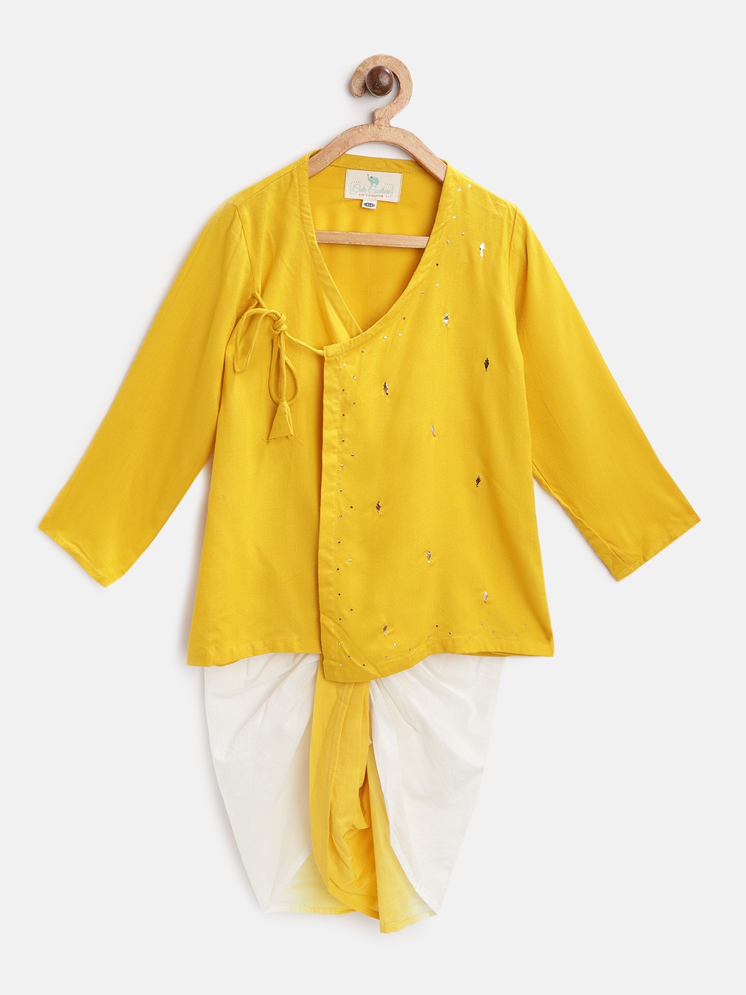 Cute Couture Boys Mustard Yellow & White Mukaish Angrakha Kurta & Ready to Wear Dhoti
Cute Couture Boys Mustard Yellow & White Mukaish Angrakha Kurta & Ready to Wear Dhoti