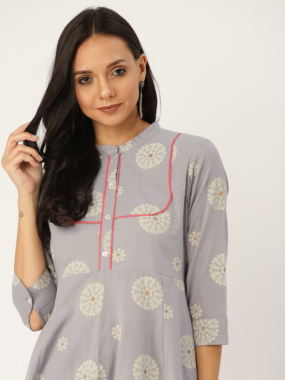 Sangria Women Khari Printed Cotton Flared Kurta Palazzo Set With Contrast Piping Details, Grey
Sangria Women Khari Printed Cotton Flared Kurta Palazzo Set With Contrast Piping Details, Grey