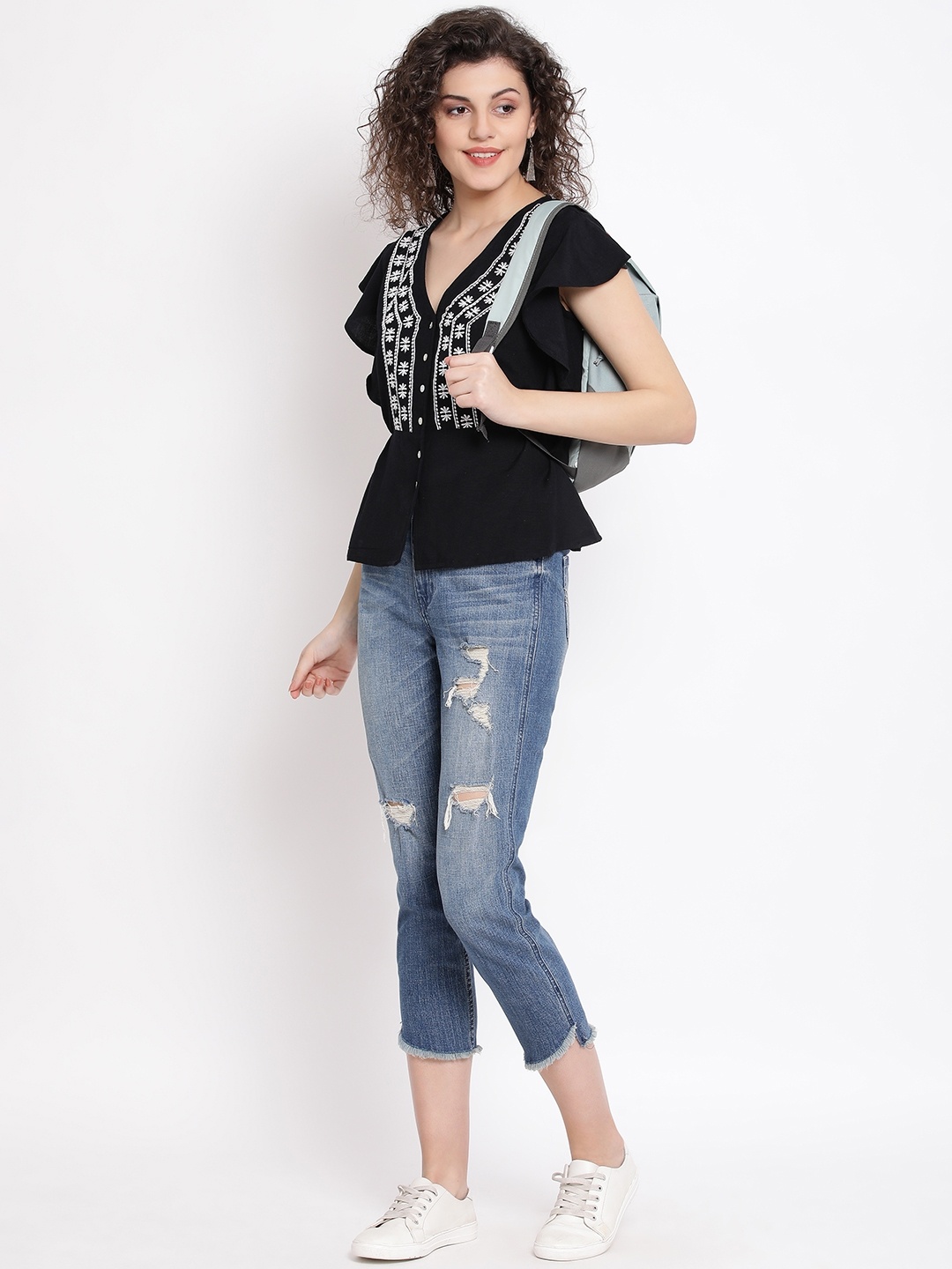 Oxolloxo Women Black Embroidered Top